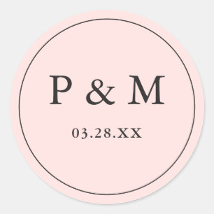 Blush Roze Opslaan Datum Monogram Chique Bruiloft Ronde Sticker