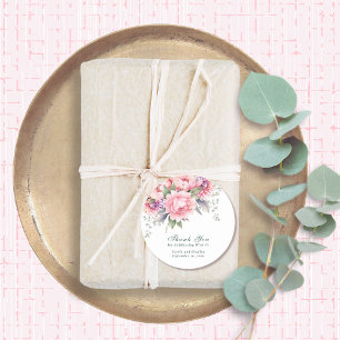 Blush Roze Paarse Bloemen Script Wedding Bedankt Ronde Sticker