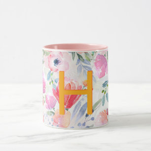 Blush roze paarse floralen waterverf monogram mok