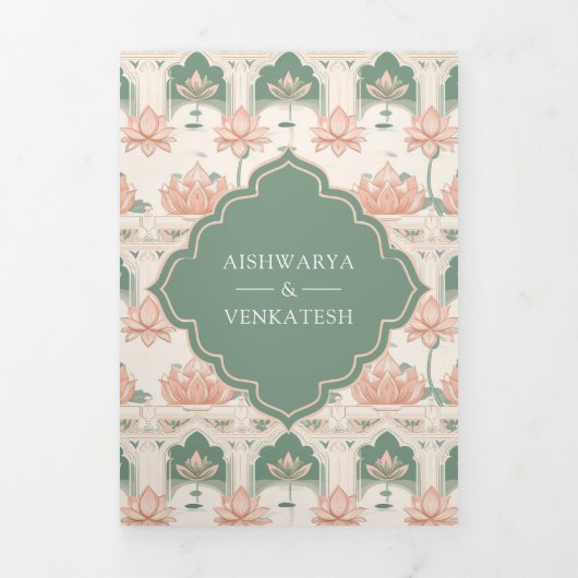 Blush Roze Pastel Groene Lotus Pond Indiase bruilo Drieluik Uitnodiging (Cover)