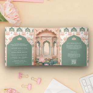 Blush Roze Pastelgroene Lotusvijver Indiase Bruilo Drieluik Uitnodiging
