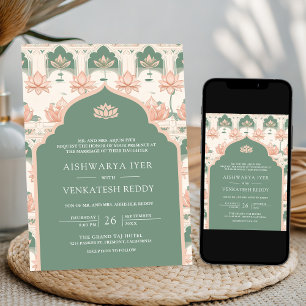 Blush Roze Pastelgroene Lotusvijver Indiase Bruilo Kaart