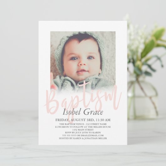 Blush Roze penseel Script Photo Baptisme Kaart (Staand voorkant)