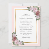Blush Roze Perzik Goud Lijst Bloemen Huwelijk Kaart (Voorkant)