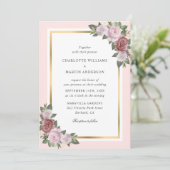 Blush Roze Perzik Goud Lijst Bloemen Huwelijk Kaart (Staand voorkant)