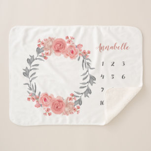 Blush Roze Perzik Roos Krans Bloemen Baby Mileston Sherpa Deken