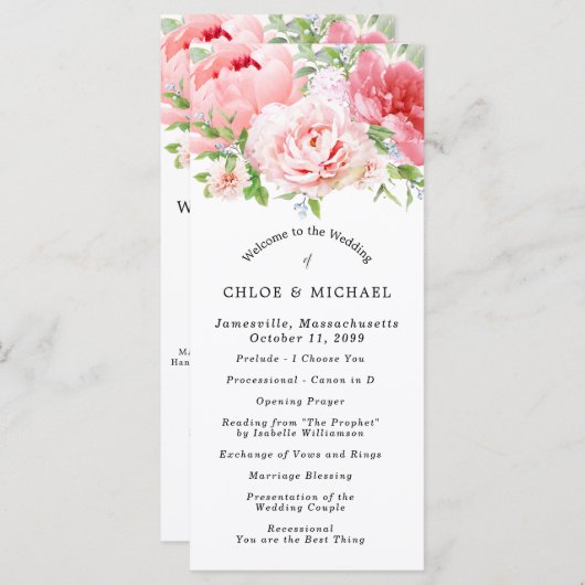 Blush Roze Pioen Bloemen DIY Bruiloft Programma (Voorkant / Achterkant)