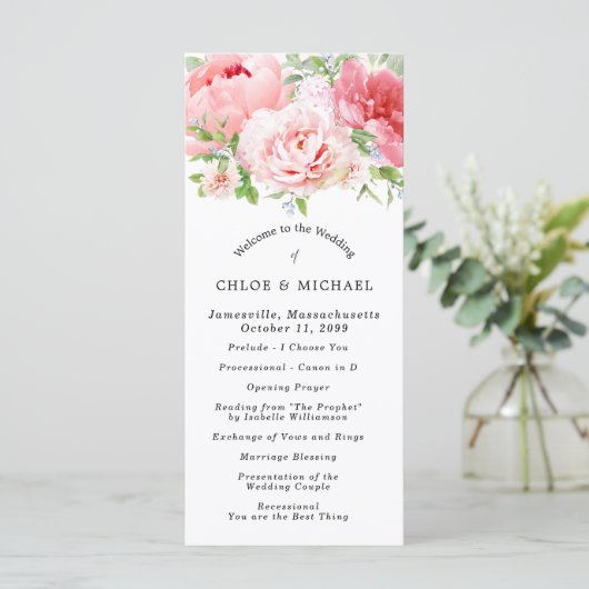 Blush Roze Pioen Bloemen DIY Bruiloft Programma (Staand voorkant)