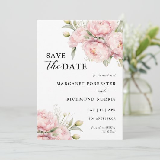 Blush roze pioen elegante bruiloft Save the date Kaart (Staand voorkant)
