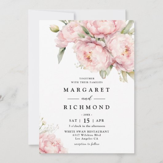 Blush roze pioen elegante Waterverf bruiloft Kaart (Voorkant)