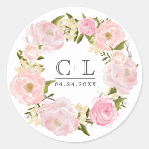 Blush roze pioen krans bruiloft ronde sticker