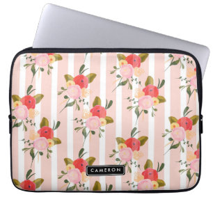 Blush roze pioenen en strepen gepersonaliseerd laptop sleeve