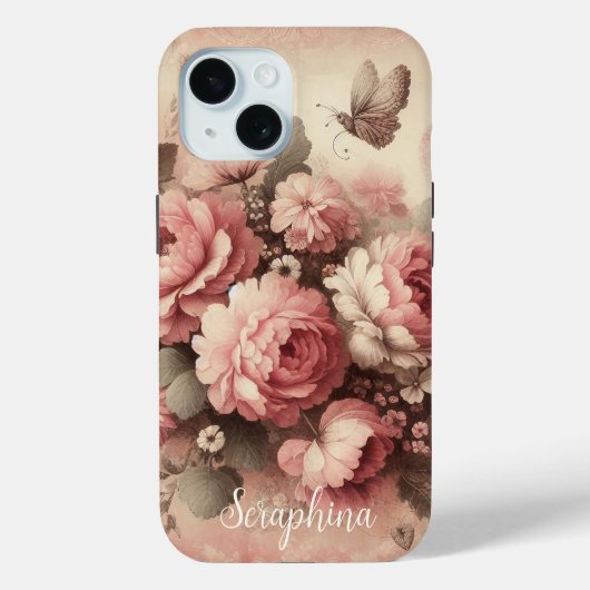 Blush Roze Pioenen met Vlinder Custom Case-Mate iPhone Case (Achterkant)