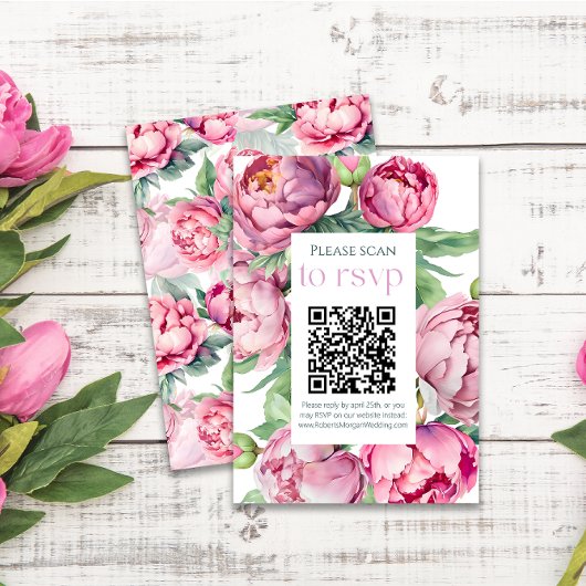 Blush Roze Pioenen QR CODE Bruiloft RSVP Kaartje