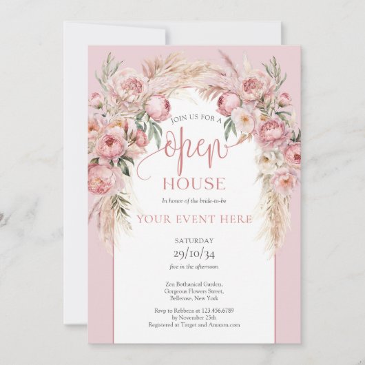Blush roze pioenrozen pampas boho boog Open Huis Kaart (Voorkant)