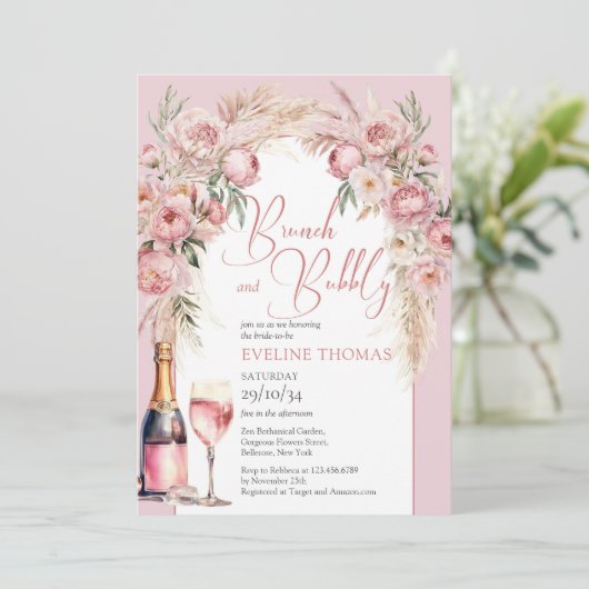 Blush roze pioenrozen pampas boho brunch en bubbly kaart (Staand voorkant)