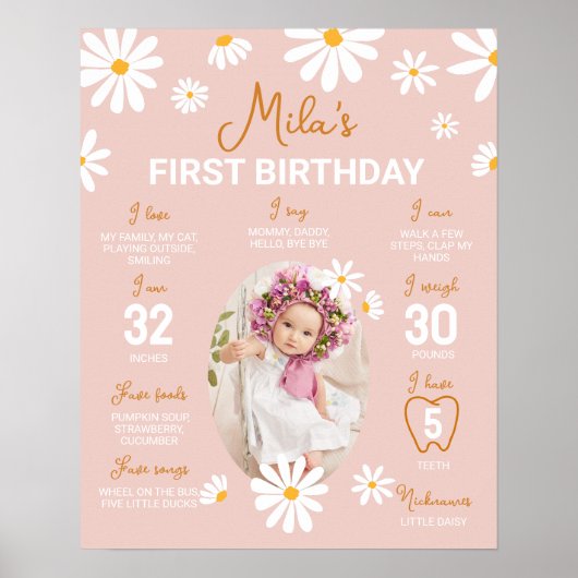 Blush Roze Retro Daisy 1e Verjaardag Mijlpaal Teke Poster (Voorkant)