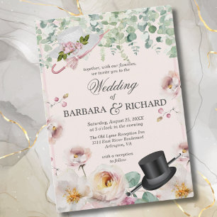 Blush Roze Romantische Bloemen Top Hat bruiloft Kaart