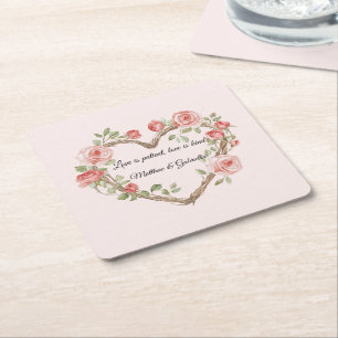 Blush Roze Romantische Rode Roos Bloemen Hart Huwe Vierkante Kartonnen Onderzetter