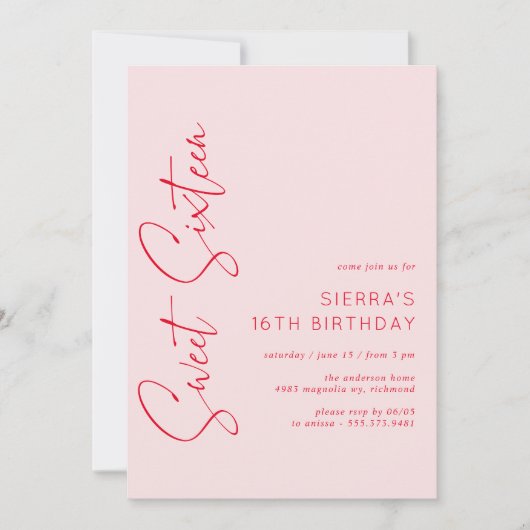 Blush Roze Rood Script Sweet 16 Verjaardagsfeest Kaart (Voorkant)