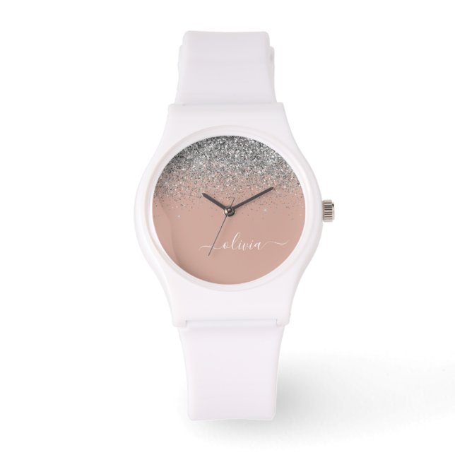 Blush roze rood zilver Glitter Monogram Horloge (Voorkant)
