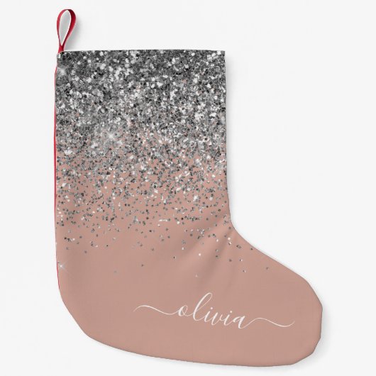 Blush roze rood zilver Glitter Monogram Kleine Kerstsok (Voorkant)