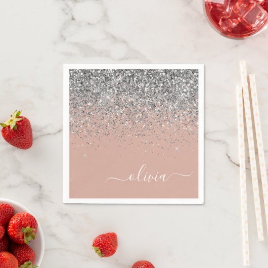 Blush roze rood zilver Glitter Monogram Servet (Insitu)
