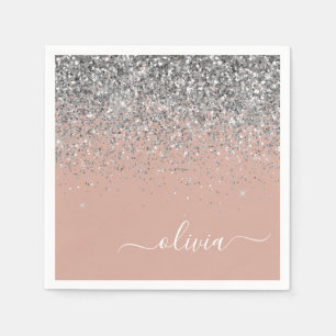 Blush roze rood zilver Glitter Monogram Servet