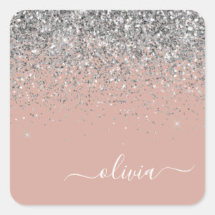 Blush roze rood zilver Glitter Monogram Vierkante Sticker