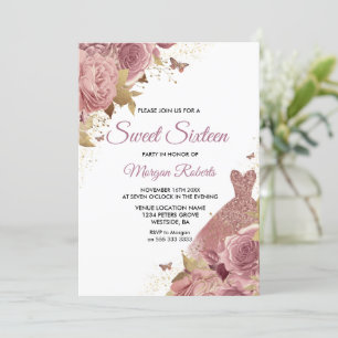 Blush Roze Roos Dress Sweet 16 Party Kaart