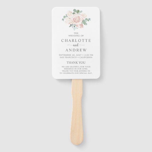 Blush roze Roos Eucalyptus Weddenschap Handwaaier (Voorkant)