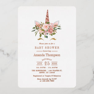 Blush Roze & Roos Gold Floral Unicorn Baby shower Folie Uitnodiging