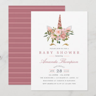 Blush Roze & Roos Gold Floral Unicorn Baby shower Kaart