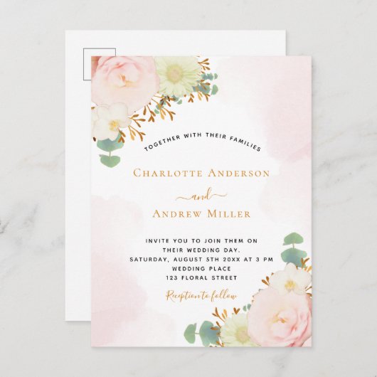 Blush roze roos gouden bruiloft uitnodiging (Voorkant / Achterkant)