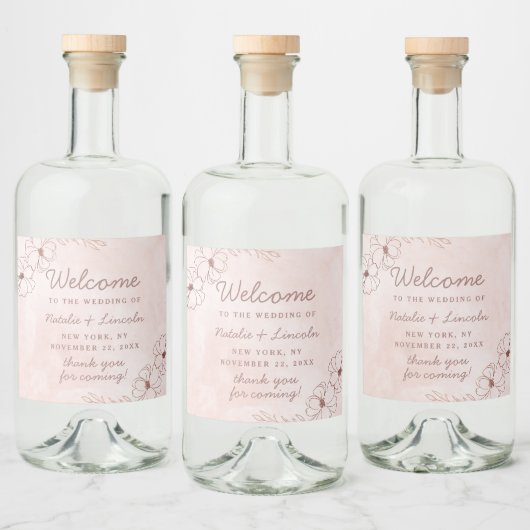 Blush Roze & Roos Goudfolie Bloemen Bruiloft Welko Likeurfles Etiket (Flessen)
