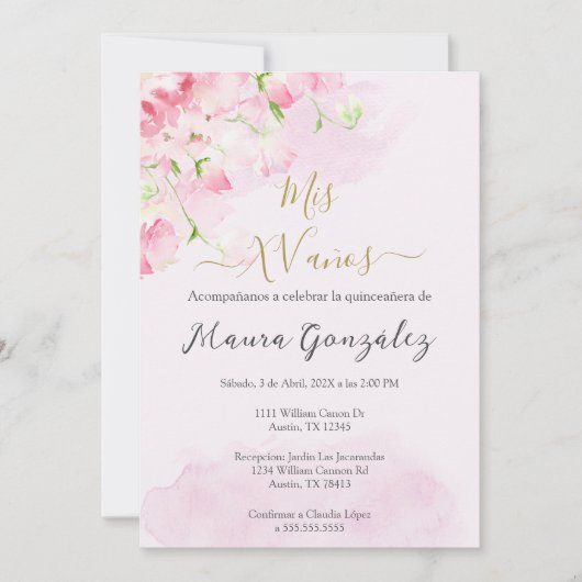 Blush roze roos quinceañera uitnodiging (Voorkant)