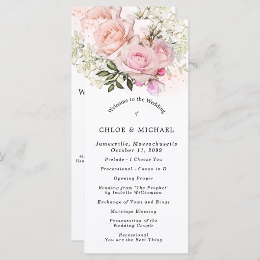 Blush Roze Rose Bloemen DIY Bruiloft Programma (Voorkant / Achterkant)