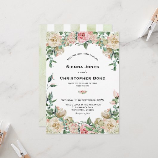 Blush Roze Rose Bloemen Huwelijk Kaart (Voorkant / Achterkant in situ)