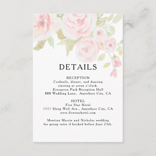 Blush Roze Rose Bloemen Waterverf Bruiloft Details Informatiekaartje (Voorkant)