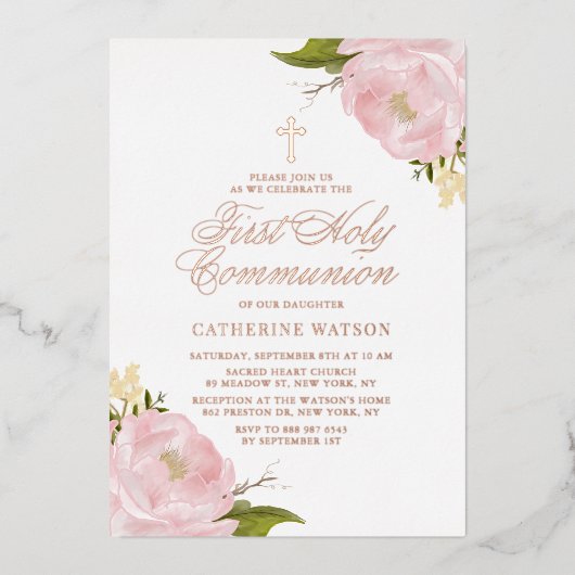 Blush Roze Rose First Heilig Commune Roos Gold Folie Uitnodiging (Voorkant)