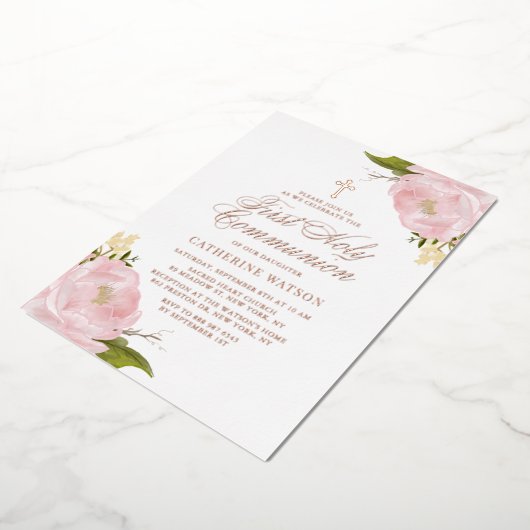 Blush Roze Rose First Heilig Commune Roos Gold Folie Uitnodiging (Gedraaid)