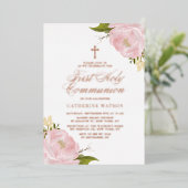Blush Roze Rose First Heilig Commune Roos Gold Folie Uitnodiging (Staand Voorkant)