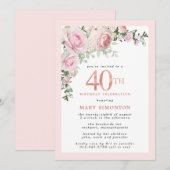 Blush Roze Rose Floral 40e verjaardag Kaart (Voorkant / Achterkant)