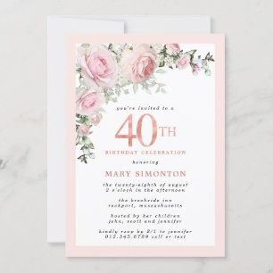 Blush Roze Rose Floral 40e verjaardag Kaart