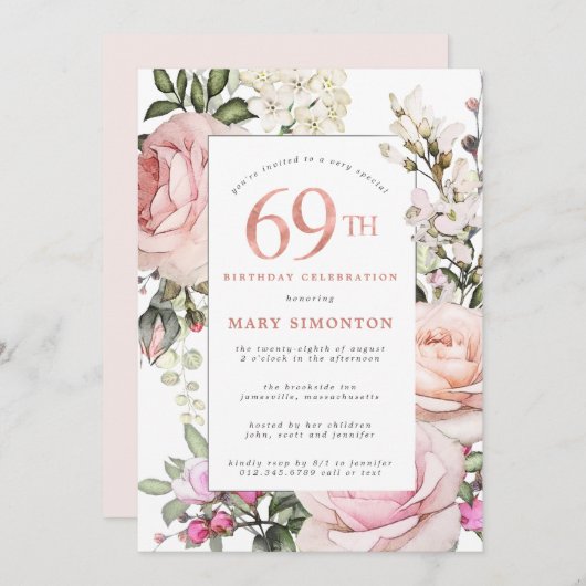 Blush Roze Rose Floral 69th Birthday Party Kaart (Voorkant / Achterkant)