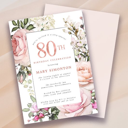 Blush Roze Rose Floral 80th Birthday Party Kaart