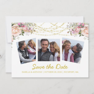 Blush Roze Rose Floral Gold White 3 Foto Save The Date