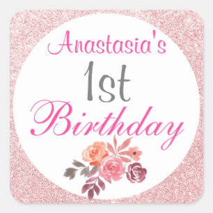 Blush Roze Rose Gold Glitter Floral 1e verjaardag Vierkante Sticker