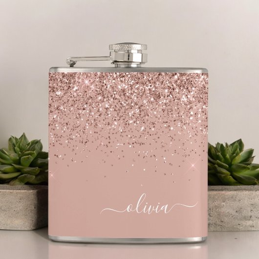 Blush Roze Rose Gold Glitter Monogram Naam Heupfles