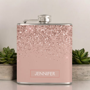 Blush Roze Rose Gold Glitter Monogram Naam Heupfles
